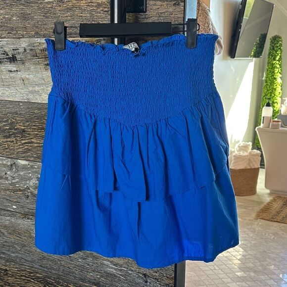 HT360 COLLECTIVE Smocked Waist Tiered Cotton Miniskirt In Cobalt Blue - Picture 2 of 9